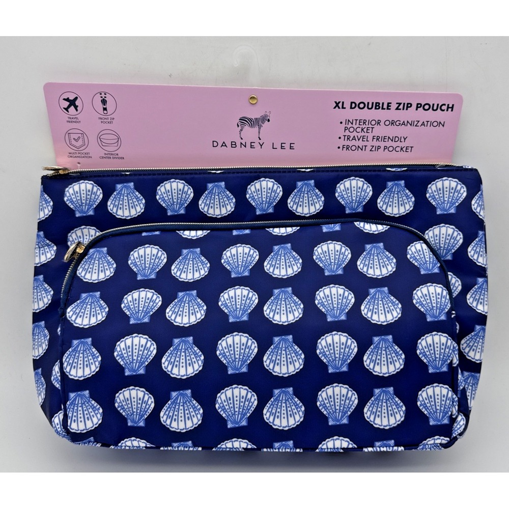 Dabney Lee XL Double Zip Pouch Navy Blue Seashell Travel Organizer Pouch NEW